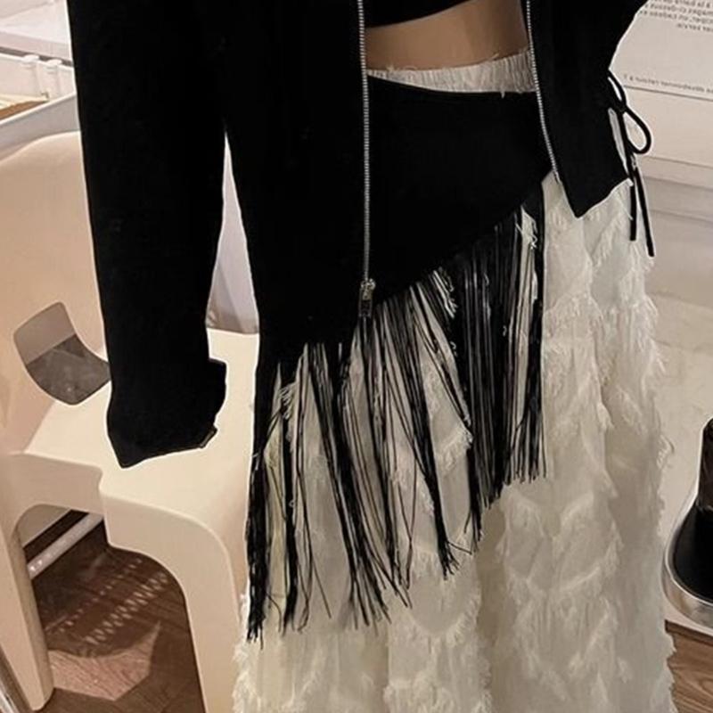 Hip Scarf Waistband Fringe Tie Belt Waist Cincher For Women Fashionable Outfits Skirt Wrap Clothing Black