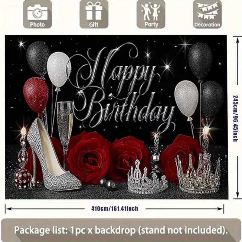 2D Black Silver Birthday Backdrop Red Rose High Heels Photo Booth Background Banner