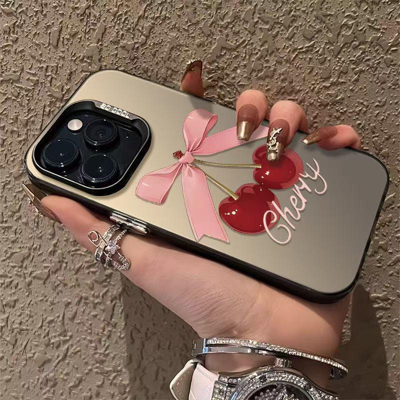 Silver Cherry Bow Phone Case for Apple 12 to 16 Pro Max