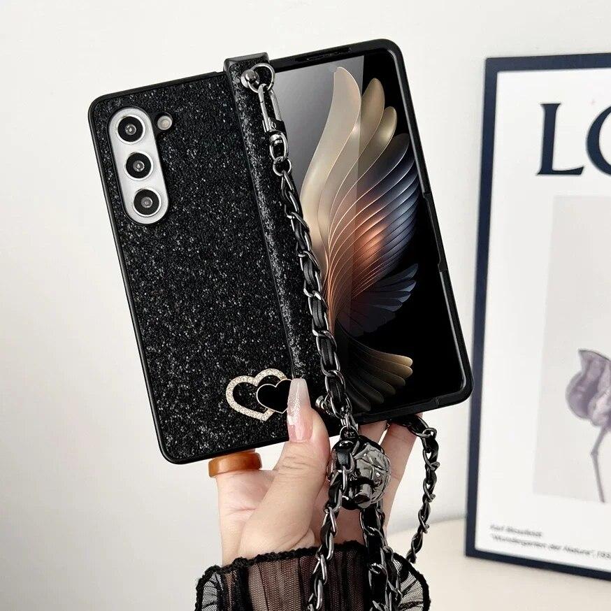 Husă de telefon cu sclipici colorată, cu lanț de șnur, pentru Samsung Galaxy Z Fold 5 Fold4 Fold3 Z Flip5 Flip4 Flip3 Love Heart, husă subțire rezistentă la șocuri