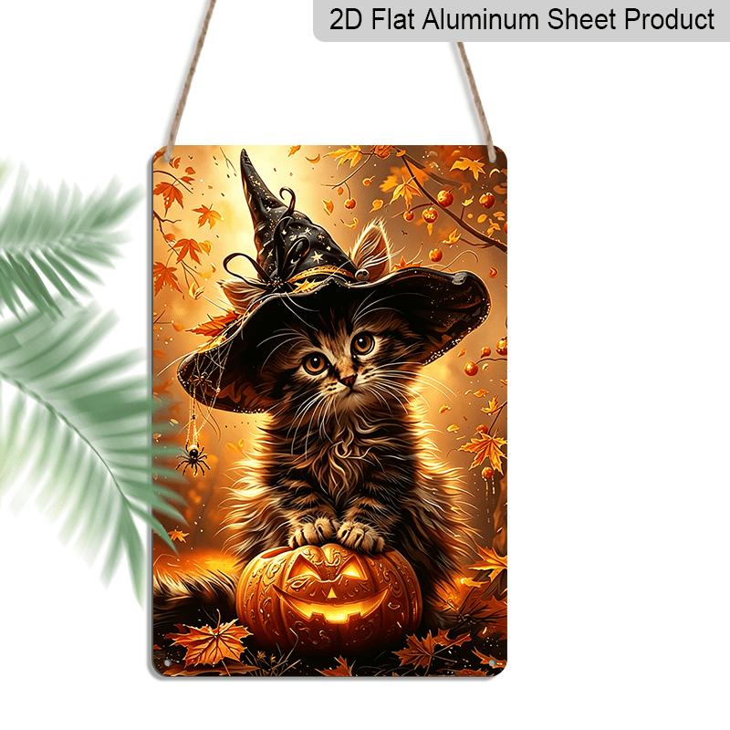 2D Flat, 1pc Autumn Maple Witch Kitty Halloween Aluminum Sign, Pumpkin Decorative Sign, Fun Decor, Halloween Artwork Wall Decor, Modern Wall Art, for
