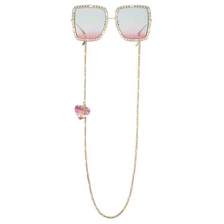 GUCCI Square Frame Metal Sunglasses Gold Light Blue Women's