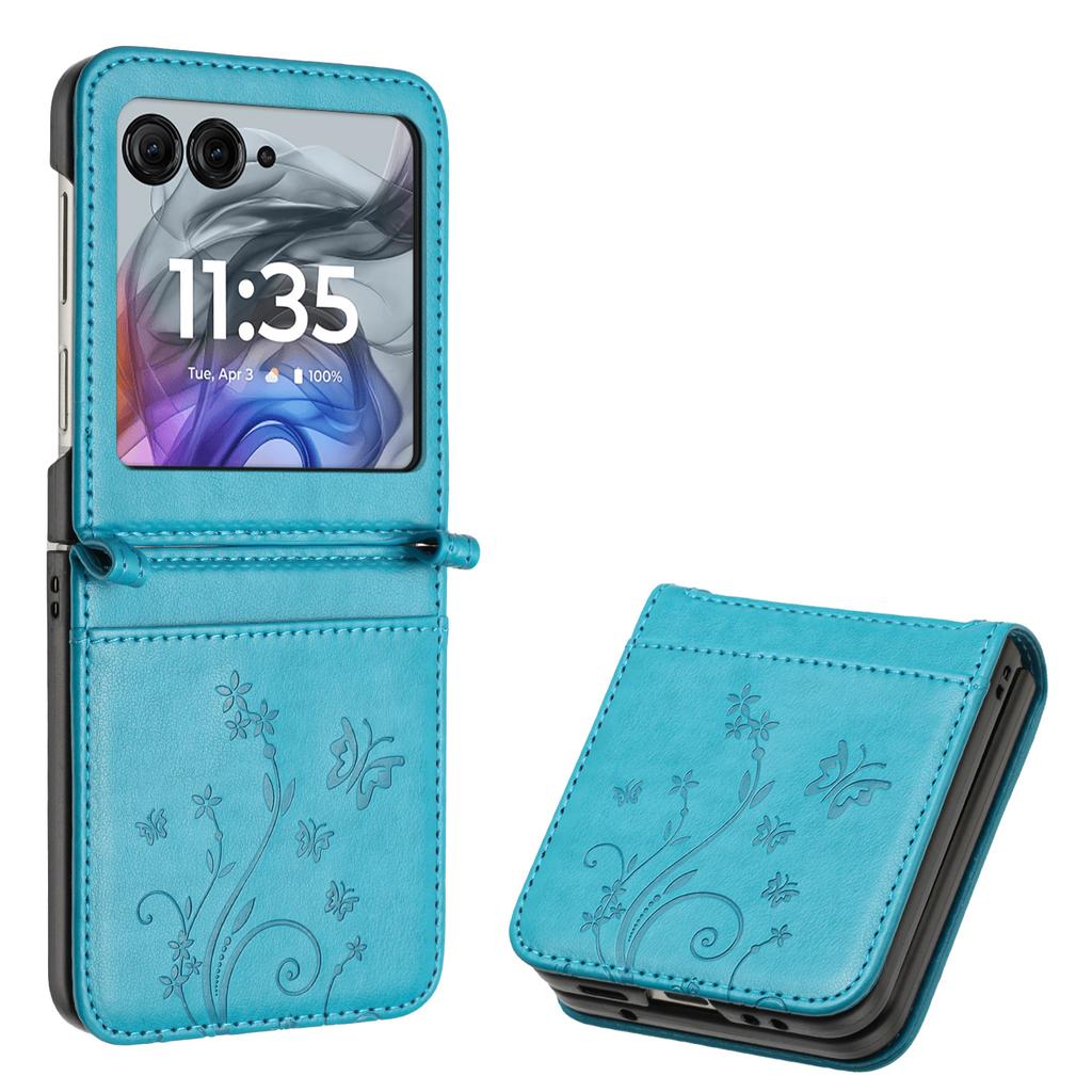 For Motorola Razr 60/50 5G Leather Case Butterfly Flower Imprinted Phone Cover with Strap