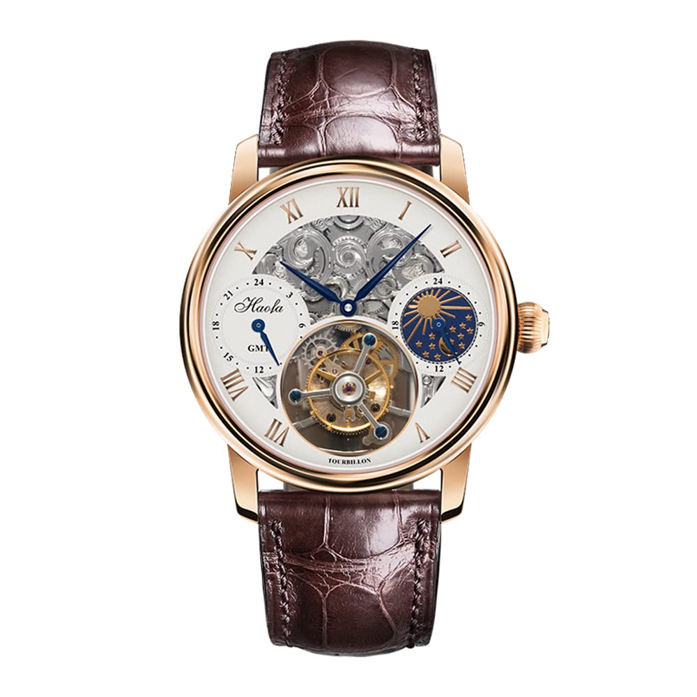 

HAOFA Tourbillon Watch Mechanical Moon Phase GMT Genuine Leather Strap Hollow Engraved Dial Business Stylish Waterproof Arm Watch Men s Men s
