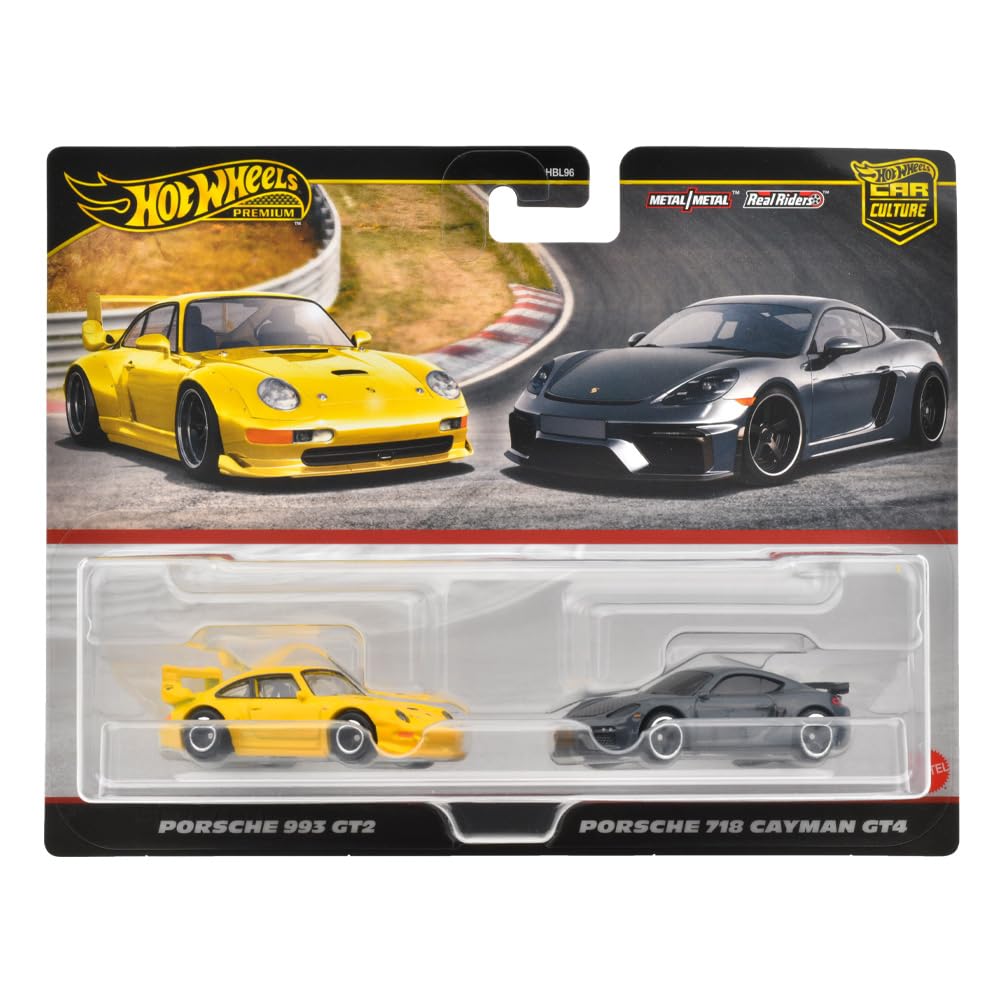 Hot Wheels Premium 2 Pack Porsche 993 718 Cayman GT4 Vehicle Toy Mini Car 3 Years Old and Up Multi HRR82 GT2/Porsche