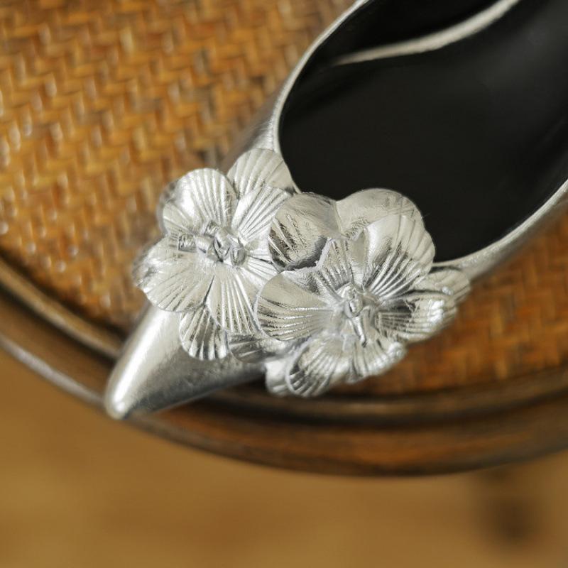 Summer women's leather sandals comfortable soft-soled empty sandals casual pointed thin heel medium heel silver bag head sandals