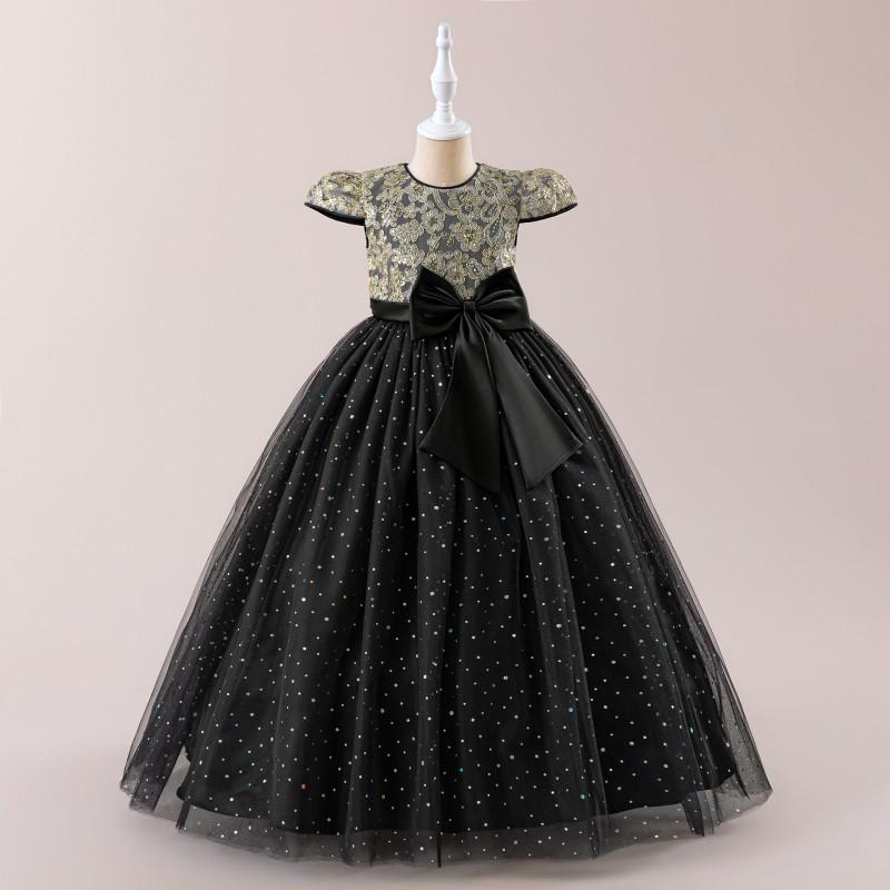Girls Formal Dress Kid Puff Sleeve Sequin Wedding Bridesmaid Floor Length Party Gown