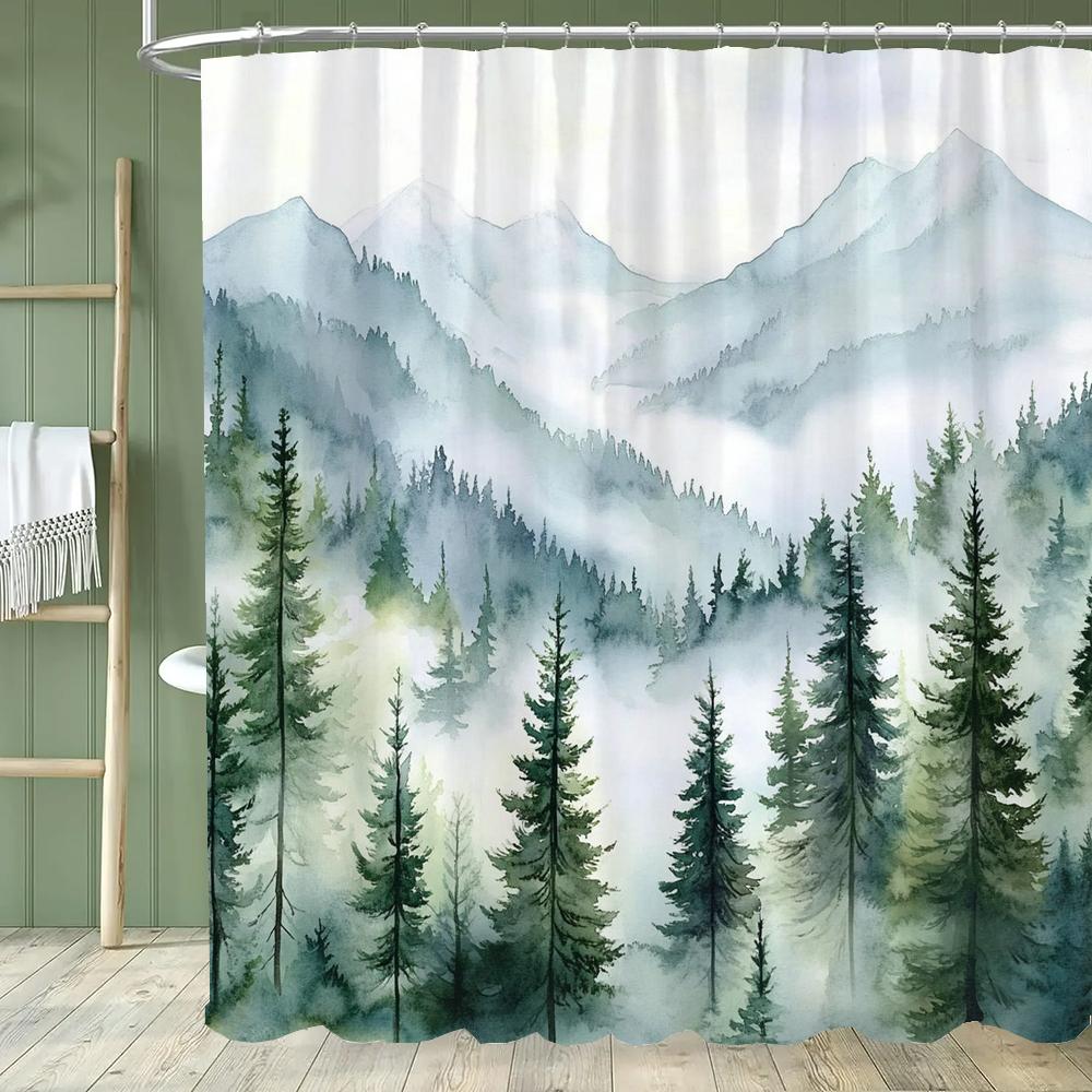 Misty Mountain Shower Curtain: Embrace the Serene Design, Soft Fabric, Natural Landscape Bathroom Decorative Curtain With Hooks