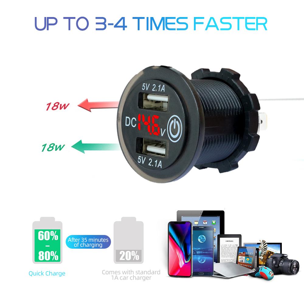 Quick Charger Dual Usb Car Charger With Switch Button 4.2a Fast Charging Power Outlet For 12v/24v Cars Boats Motorcycle