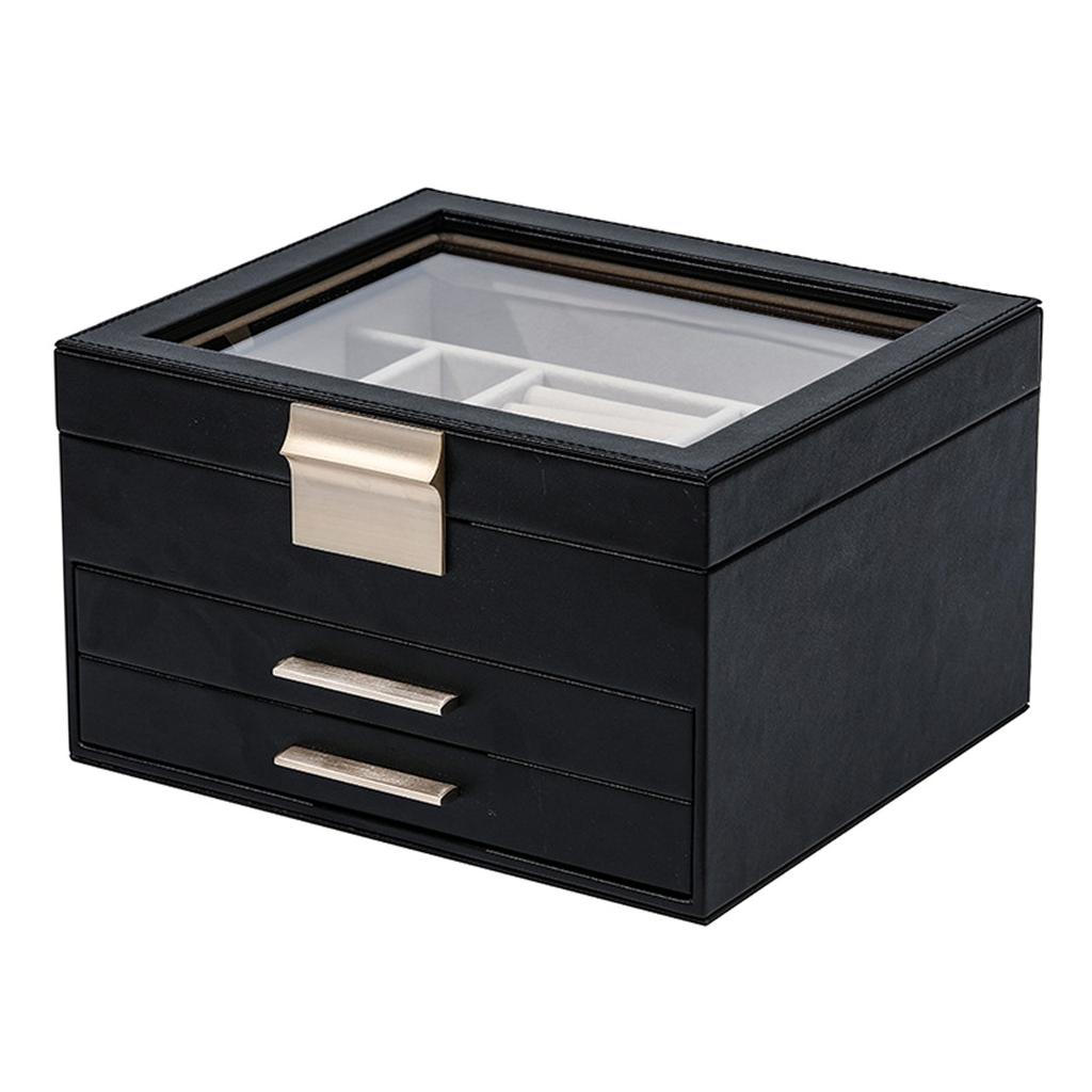 Multi Functional Jewelry Display Box Three Layers Clear Window PU Leather Construction Gold Hardware for Home Use