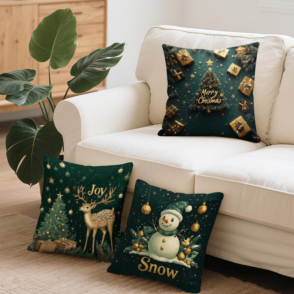 4pcs Set Christmas Pillow Cover Green Christmas Themed Pillowcase 17.7 Inches * 17.7 Inches Single-sided Printed Christmas Decoration Sofa Lumbar Supp