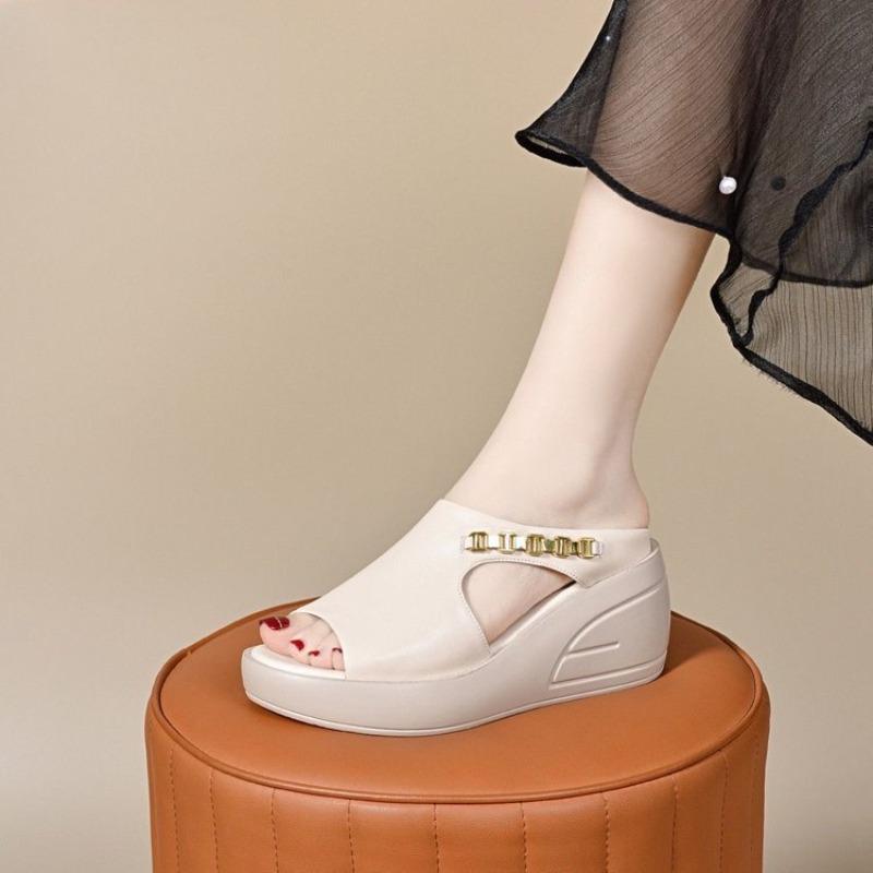 Summer new thick-soled fish mouth sandals women wear wedge heel soft leather shoes to show height, not tired feet retro
