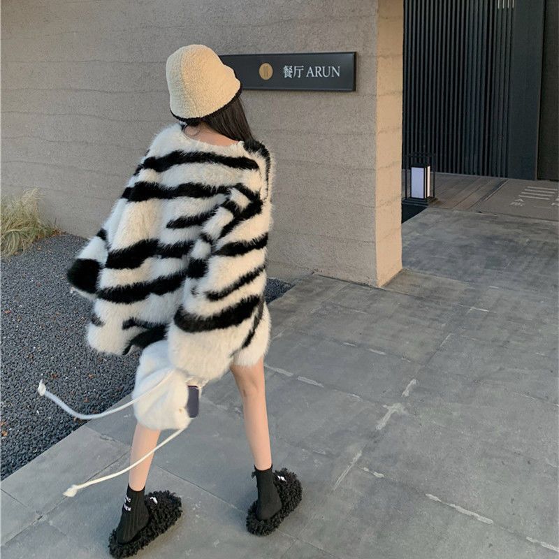 Cheap Zebra patterned imitation mink fur V-neck sweater for