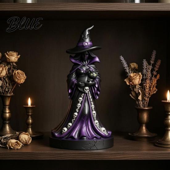 Hand Carved Resin Craft Lighted Witch Figurine Holding Black Cat Statue Gothic Stable Base Figurine Sculpture with LED Lights for Halloween