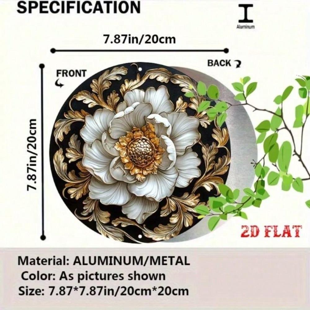 Round Metal Wall Art, Retro Floral Poster, Gold and White, Living Room Decor