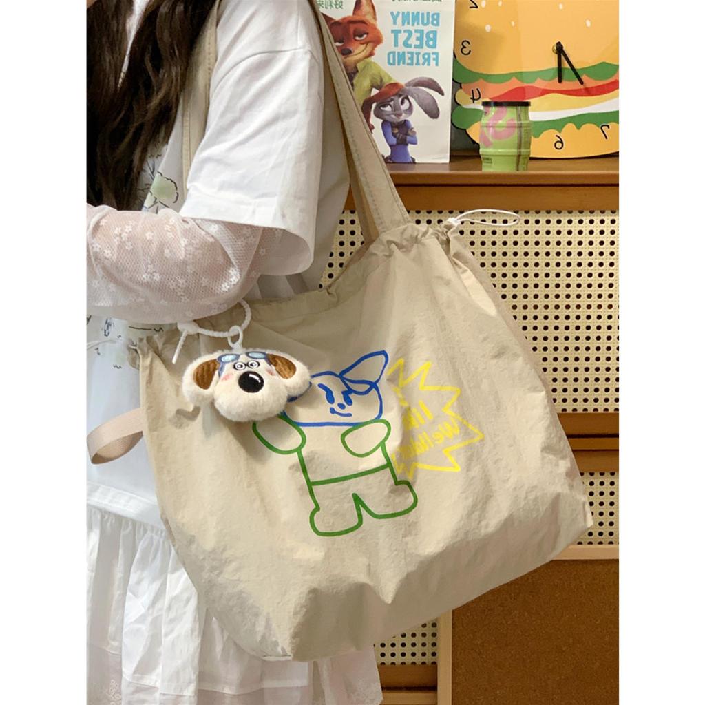 Lazy Style Printed Shoulder Bag, Korean Style Candy Colored Large Capacity Tote Bag, Women's Canvas Bag, Cloth Bag, Handbag