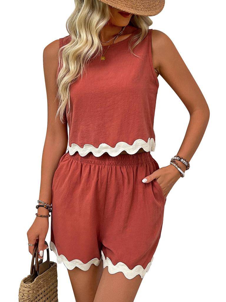 Women's Sleeveless Romper Shorts Set with Wave Hem in 6 Colors