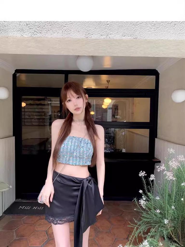 Blumarine French Pure Desire Pink Satin Lace Trim Bow Bodycon Skirt