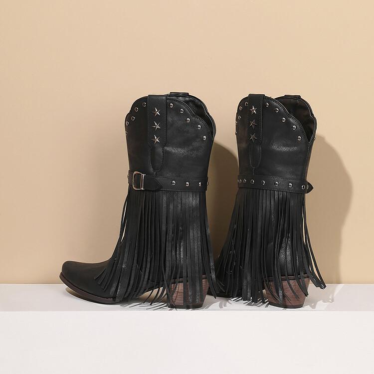 European and American Ethnic Style Square Head Fringed Fashion Boots Women's New Thick Heel Sleeve Fashion Western Cowboy Boots