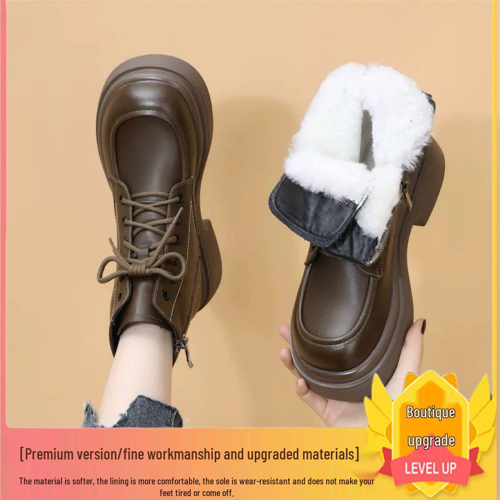 Women's Autumn/Winter Soft Leather Martin Boots, British Style, Mid Heel, Plus Cotton, Thick Sole, Versatile Ankle Boots