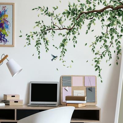 2 Pcs Large Green Tree Leaves Wall Stickers Hanging Vine Wall Decals Peel And Stick Branch Birds Wall Murals