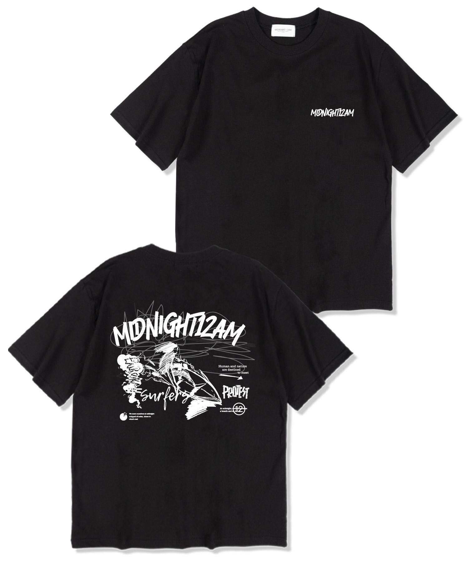 Midnight 12 Am Surfing Sketch Oversized Short Sleeve T-Shirt Black Xxl