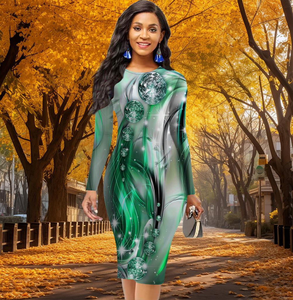 Long Sleeve Waist Tight Office Slim Fit Fashion Pearl Printing Elegant Bodycon Dress