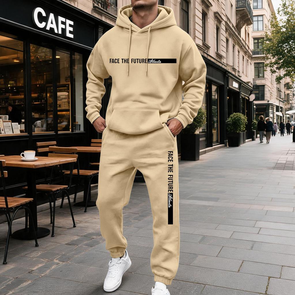 Herren Casual Letter Print Kapuzenpullover und Jogginghosen Set, gefüttert, 2-teiliges Outfit