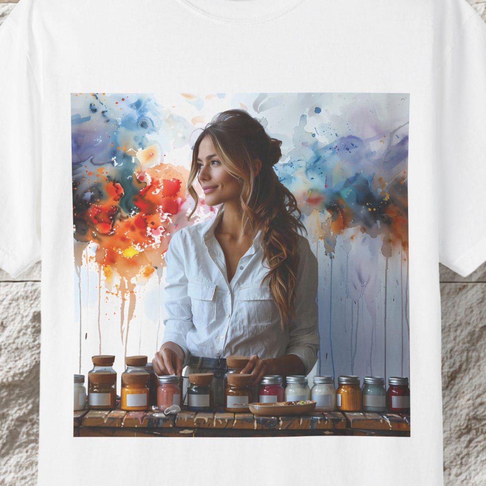 Watercolor Artist Woman T-Shirt, Painter Art Tee, Colorful Print S