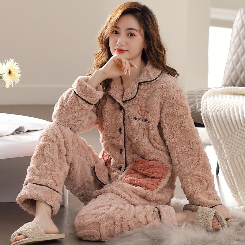 Pajamas Women'S Winter Coral Fleece Thickened Fleece Simple Autumn And Winter Homewear Large Size Flannel Warm Set