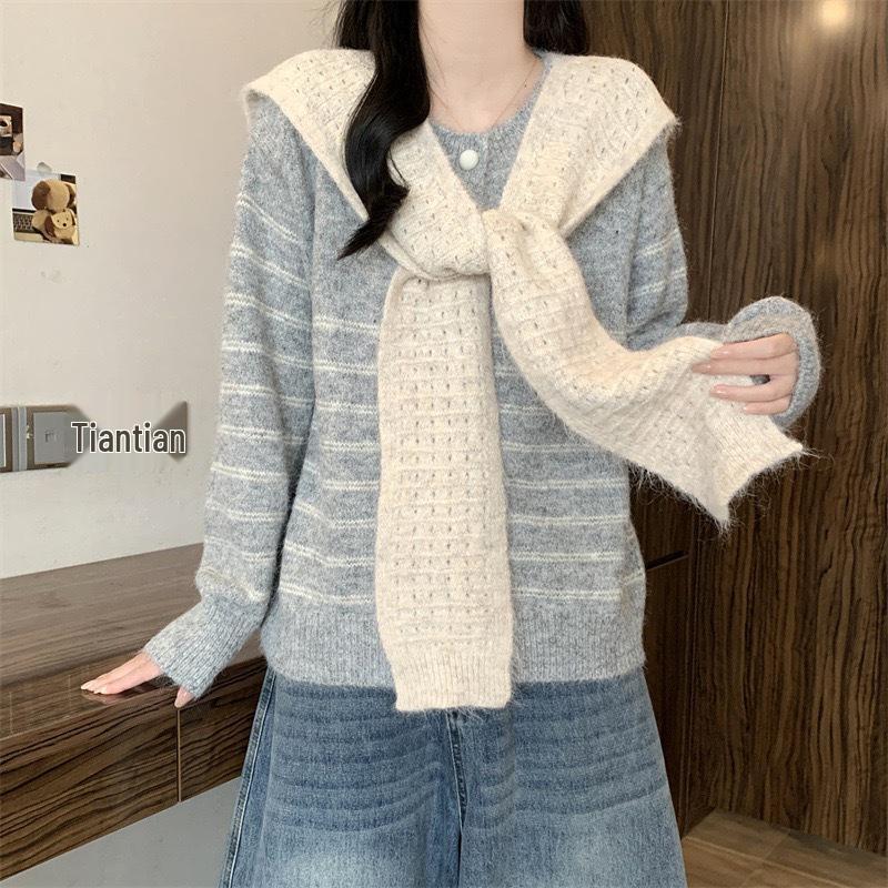 Women's Striped Knit Cardigan: Loose Fit, Round Neck Shawl, Autumn/Winter Korean Style Sweater