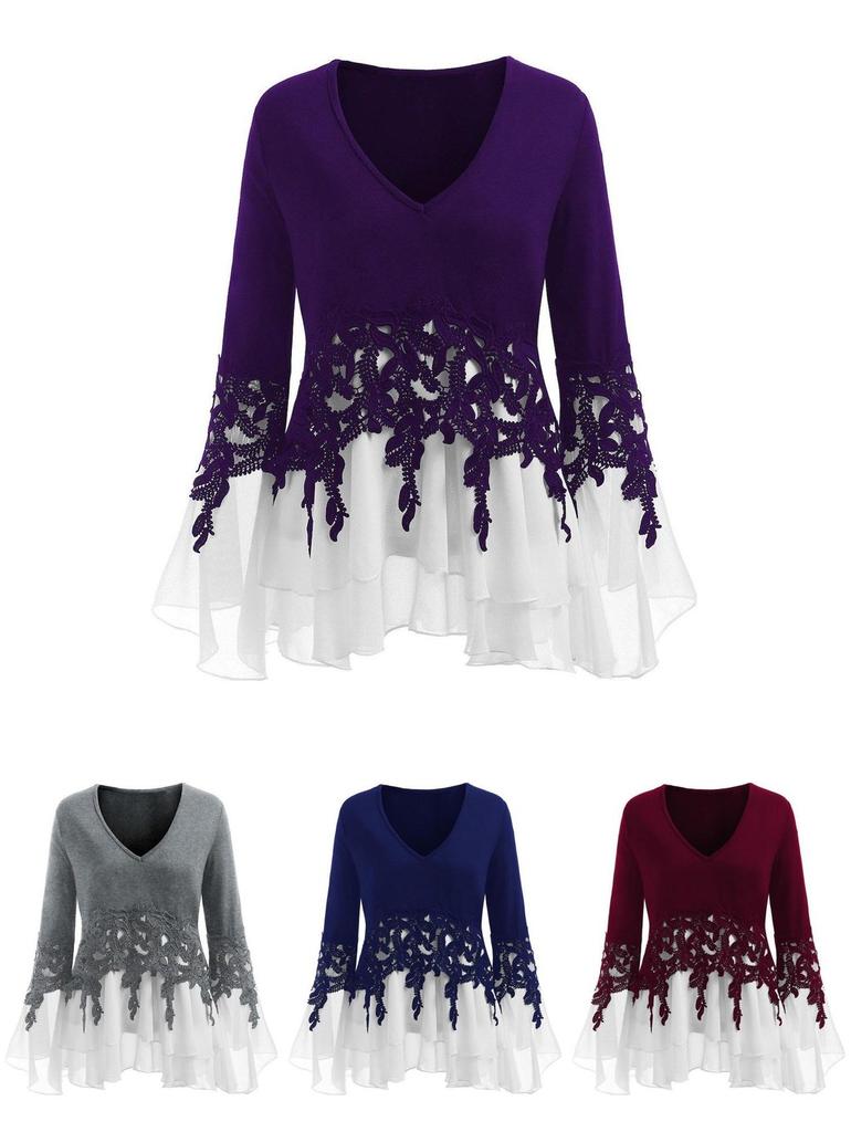 Elegant Women Ladies Long Sleeve V Neck Patchwork Tunic Tops For Casual Comfort
