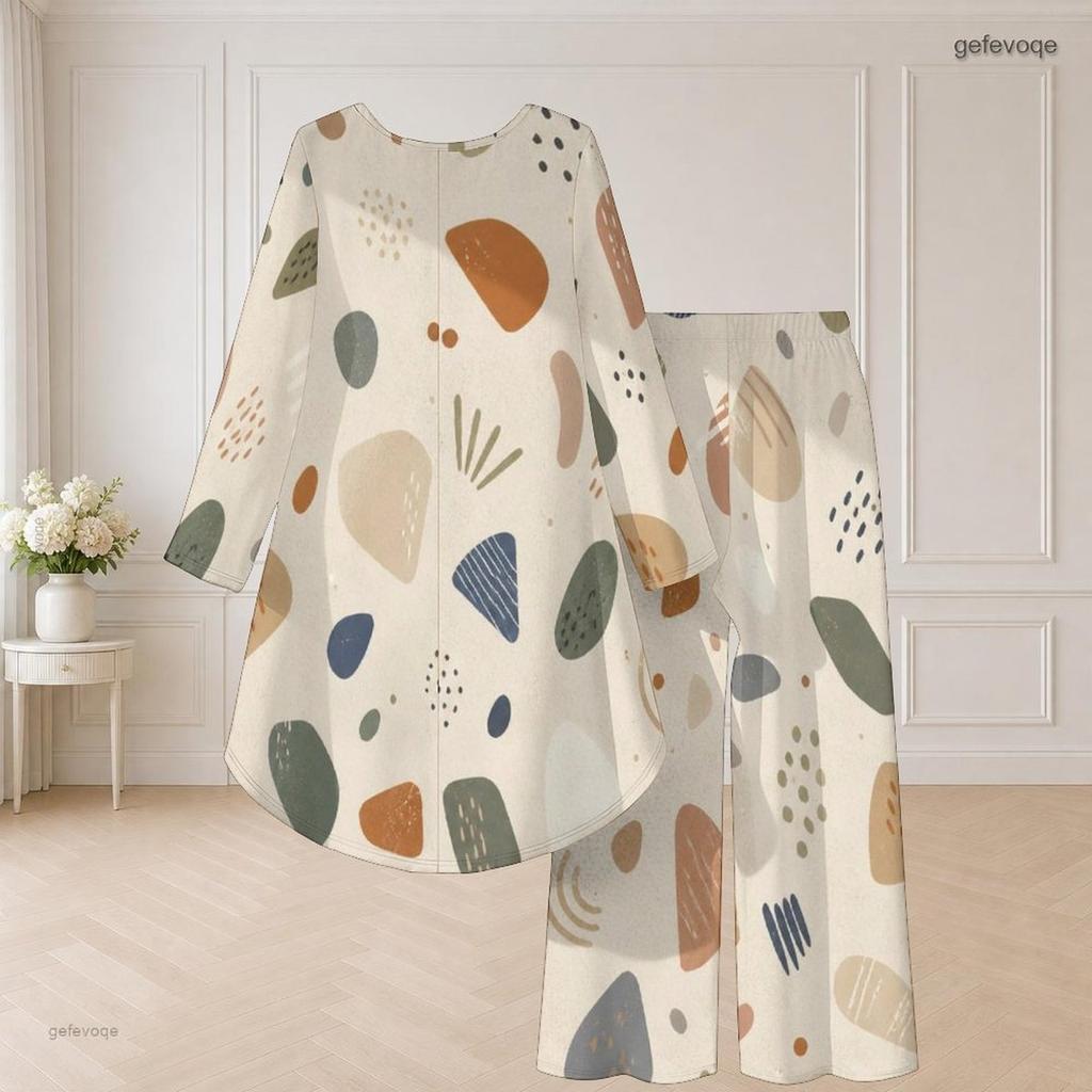 Women Plus Size Beige Brown Printed Round Neck Long Sleeve High Low Top Wide Leg Pants Two Piece Set