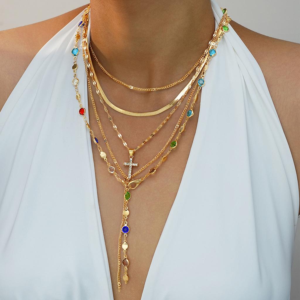 Boho Gold Color Multi-Layer Necklace Set for Women Fashion Zircon Bow Knot Water Drop Heart Pendant Necklaces Jewelry