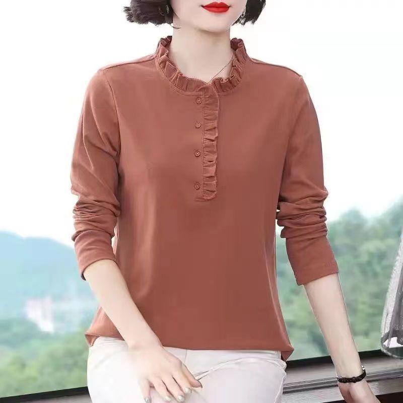 

Блузка с длинными рукавами, весенняя и осенняя футболка, женская свободная рубашка большого размера с воротником-стойкой в стиле вестерн 3XL кирпич красный