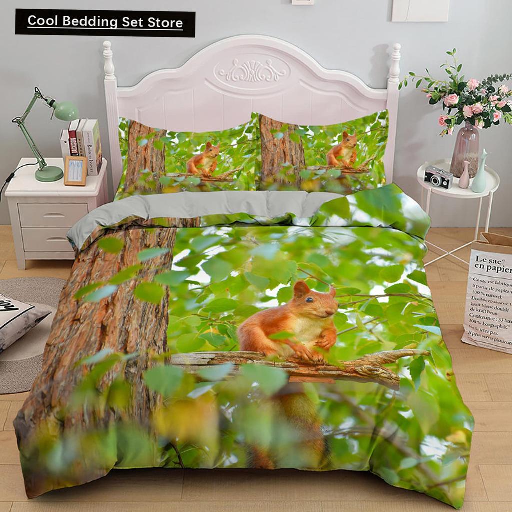 3D Squirrel King Queen Duvet Cover Soft Wildlife Green Leaves Bedding Set for Kids Teens Adults 2 3pcs