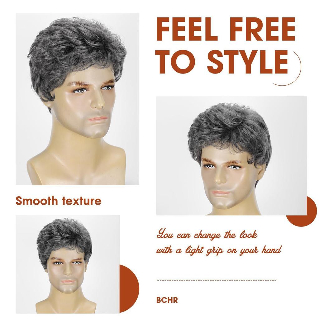 Men's Fashion Business Wig, Black-Grey Curly High-Temperature Fiber Hairpiece