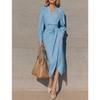 Women S V Neck Long Sleeve Wrap Tie Waist Long Dress