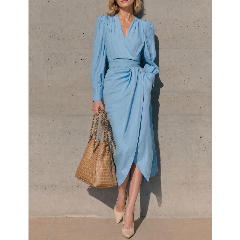Women S V Neck Long Sleeve Wrap Tie Waist Long Dress