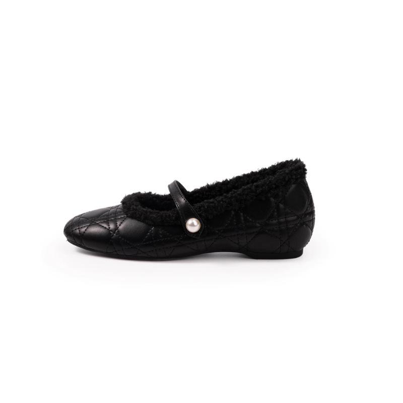 Soft Leather French Camellia Velvet Mary Jane Shoes Women's Height Increase In Autumn and Winter