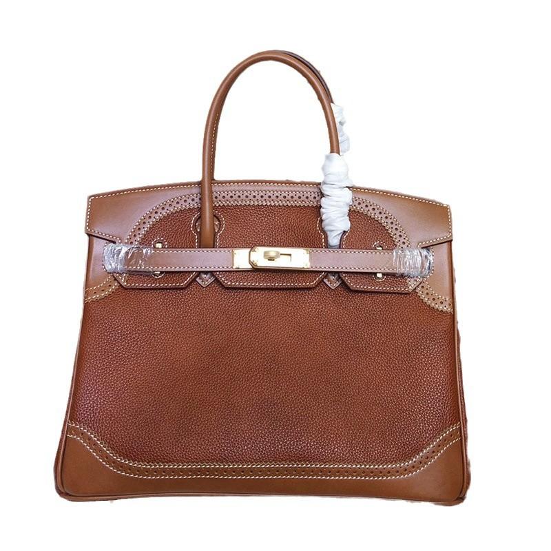 Haute Couture Version European and American Retro Handmade Fubao Leather Splicing Lace Platinum Bag Leather Handbag Shoulder Messenger Bag Women