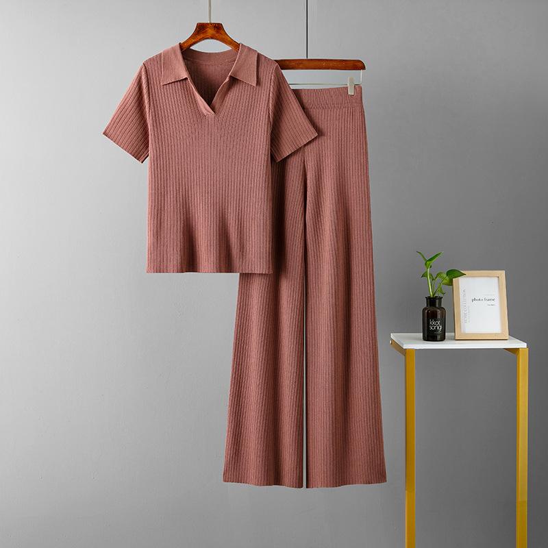 Set da donna a polo pullover a maniche corte top slim tinta unita t-shirt pantaloni a gamba larga set di moda lavorato a maglia