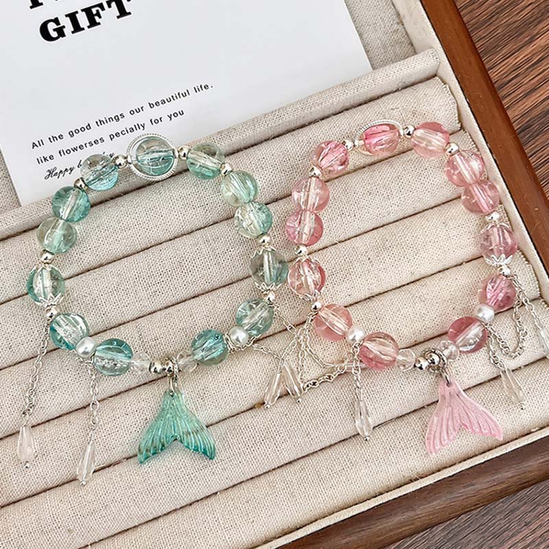 Korean Pink Crystal Fish Tail Pendant Bracelet For Women Elegant Handmade Beaded Tassel Chain Bracelets Jewelry Gifts