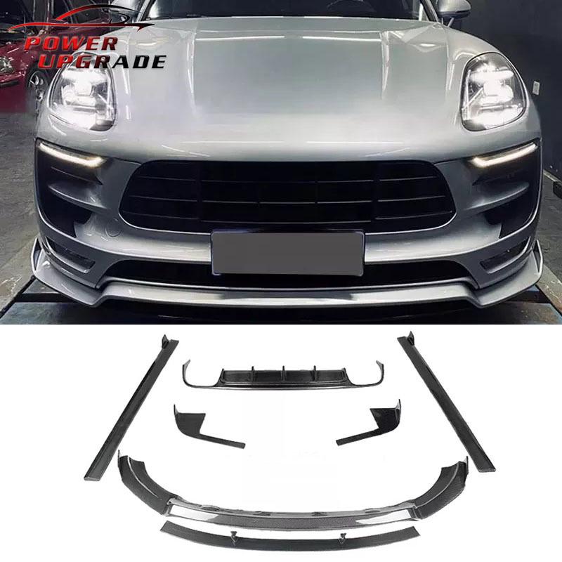 Porsche Macan Carbon Fiber Kit: AR Style Front Lip, Side Skirts, Rear Lip, and Corner Protectors.