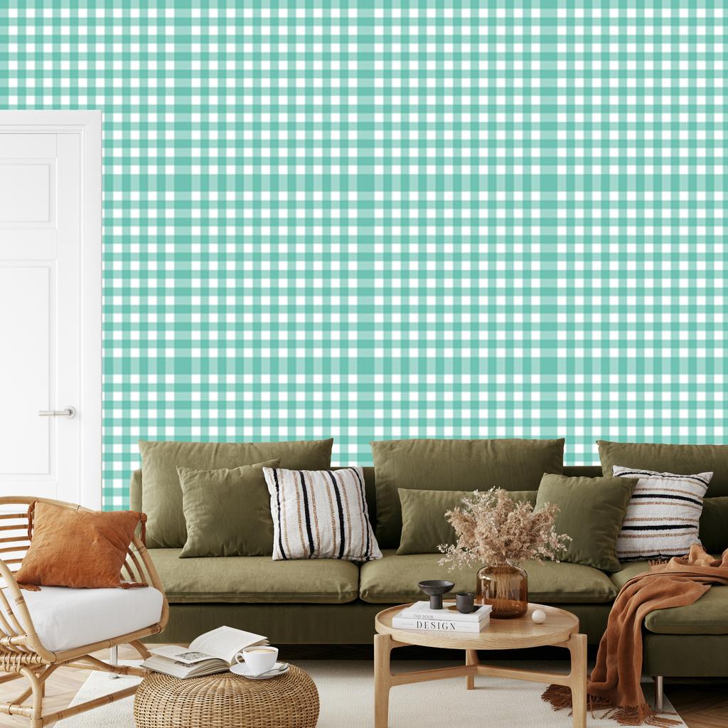 Wallpaper Fabric Pattern Mint, Sea and White for Living Room and Bedroom 50x1000