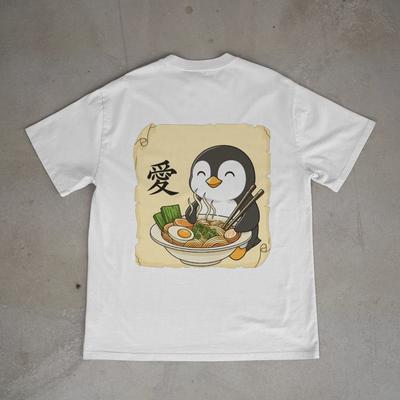 Kawaii Penguin Ramen Shirt Japanese Love Kanji Anime Food Graphic Tee Back Print 2