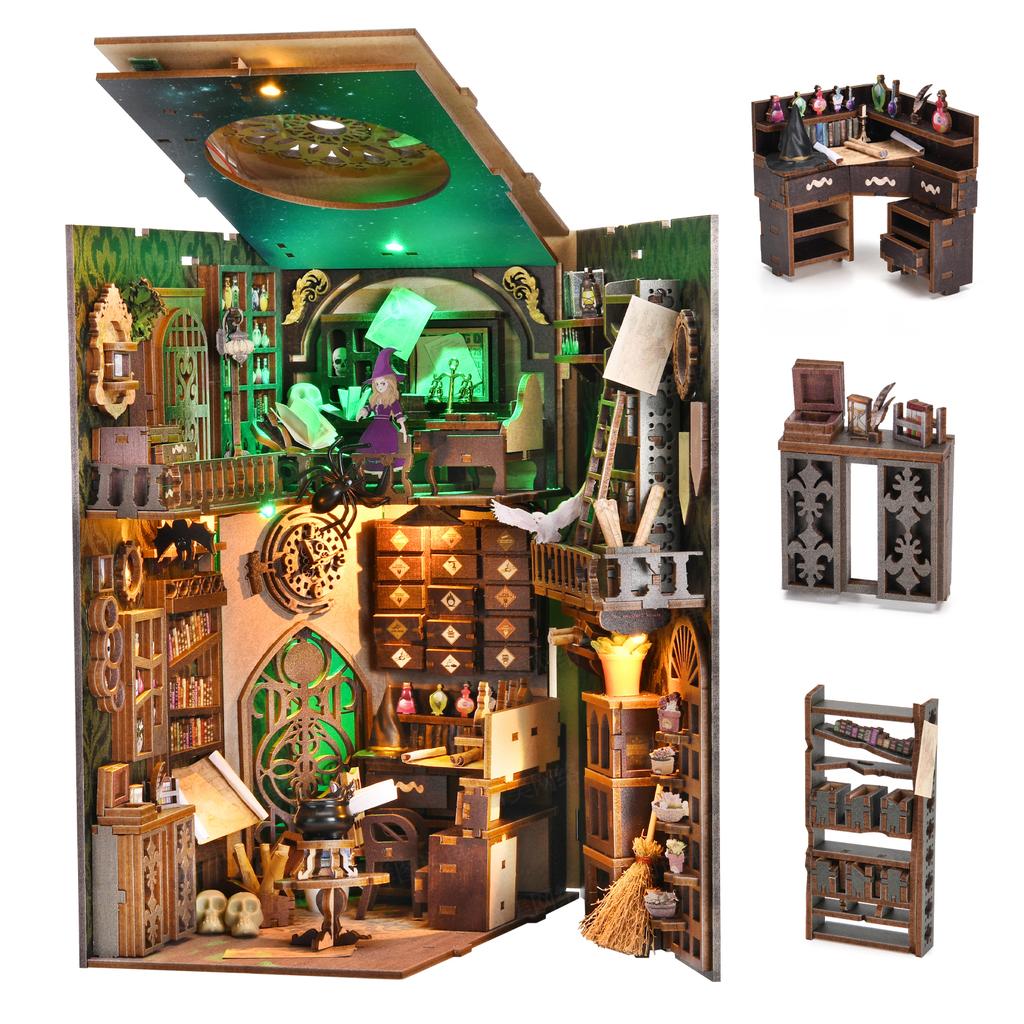 Sada Book Nook Miniatury Čaroděj DIY Dřevěné Puzzle Vložka do Knihovny Dekor Model Domku pro Panenky Knižní Zarážka Stavebnice Domácí Dekorace Dárky