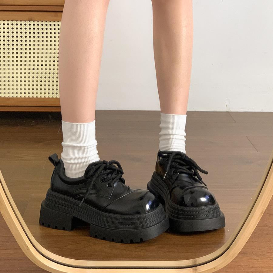 Platform Leather Shoes for Women Chunky Loafers 7cm Heel Japanese Korean Style Round Toe PU Oxford Black Brown