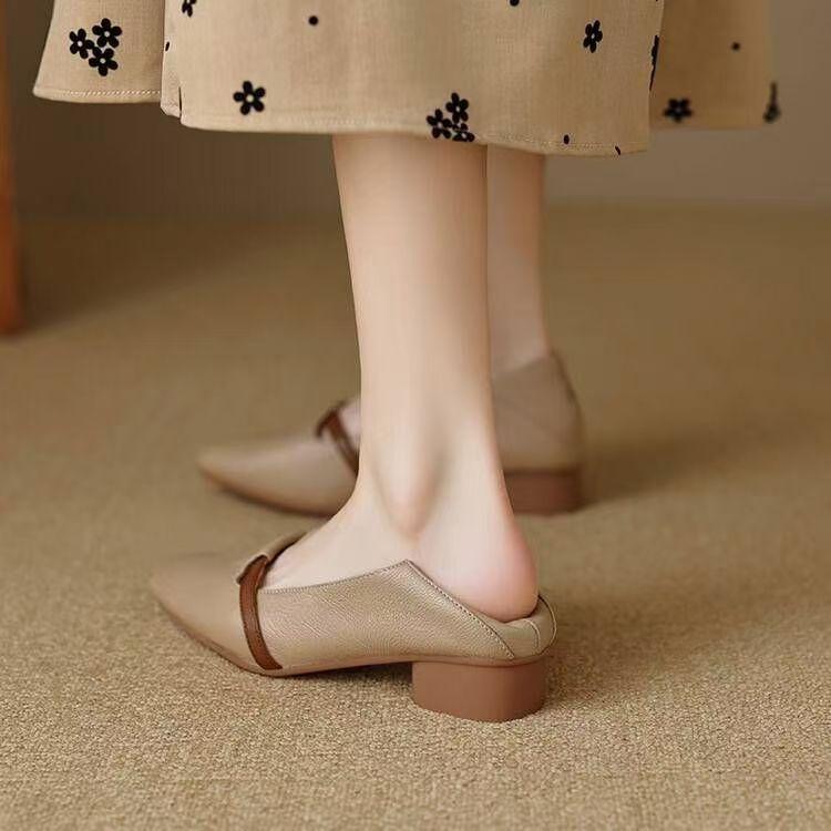 Women's Sheepskin Patchwork Hollow Out Ankle Strap Flats Sandals Pointed Toe Casual Summer Shoe