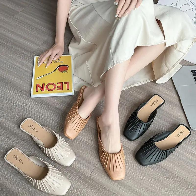 Fashion Mules Women's Slippers and Ladies Sandals Beige Indoor Home Slides Job House Flat Shoes Apricot Outside Clappers Shoe H Sandal Y